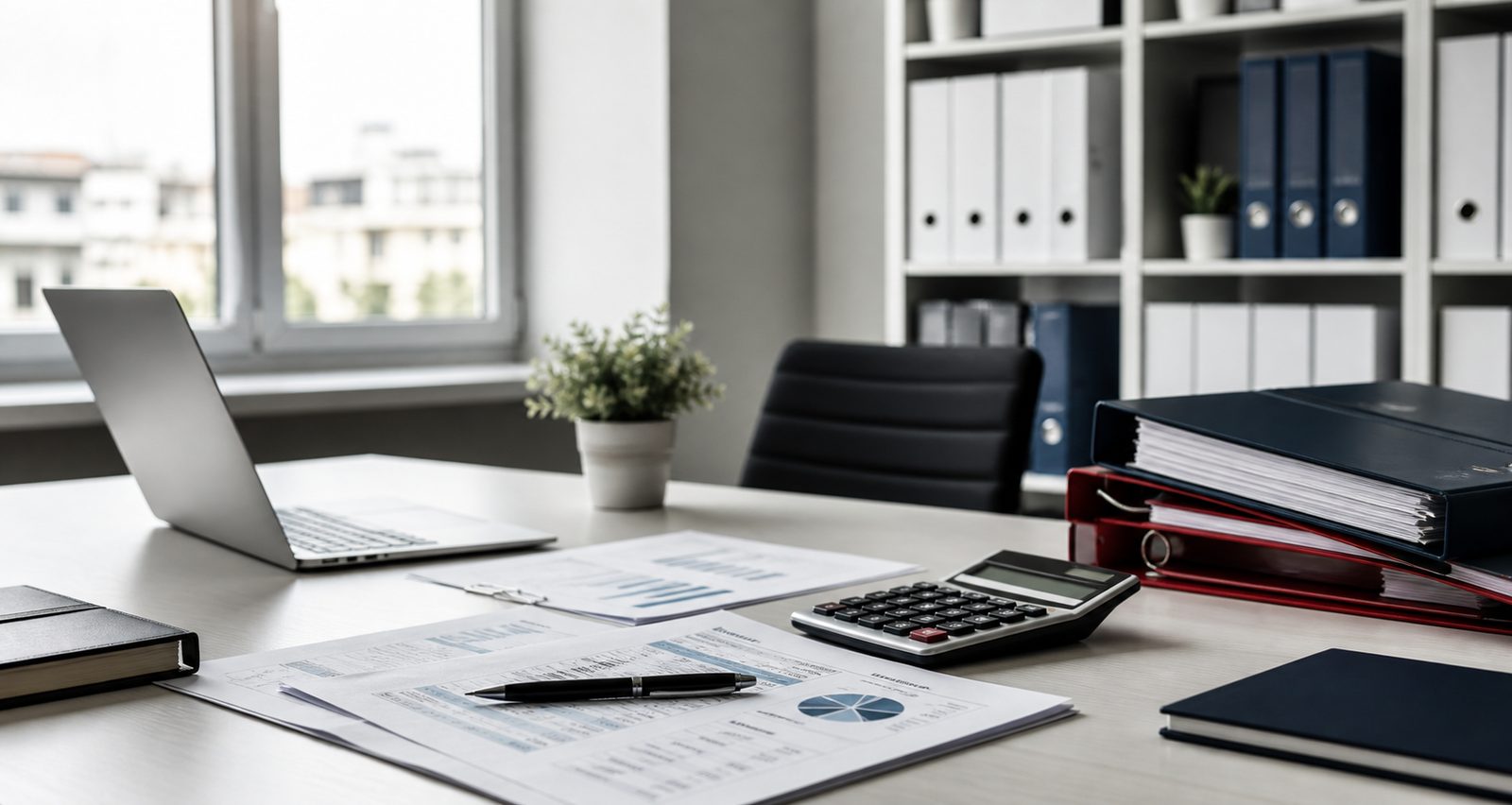 Mesa de trabajo profesional con documentación fiscal y contable
