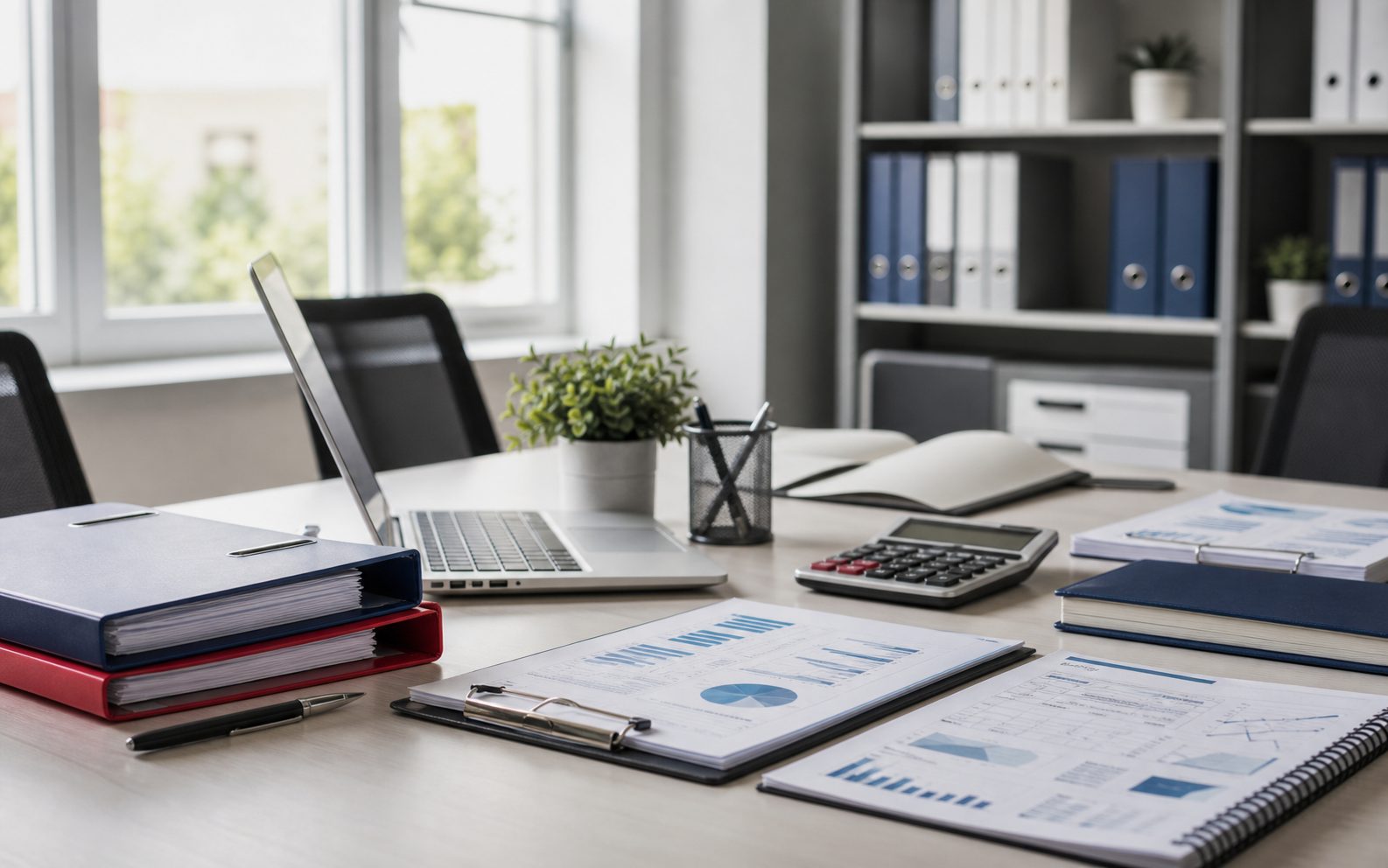 Mesa de asesoría con documentación contable y fiscal organizada